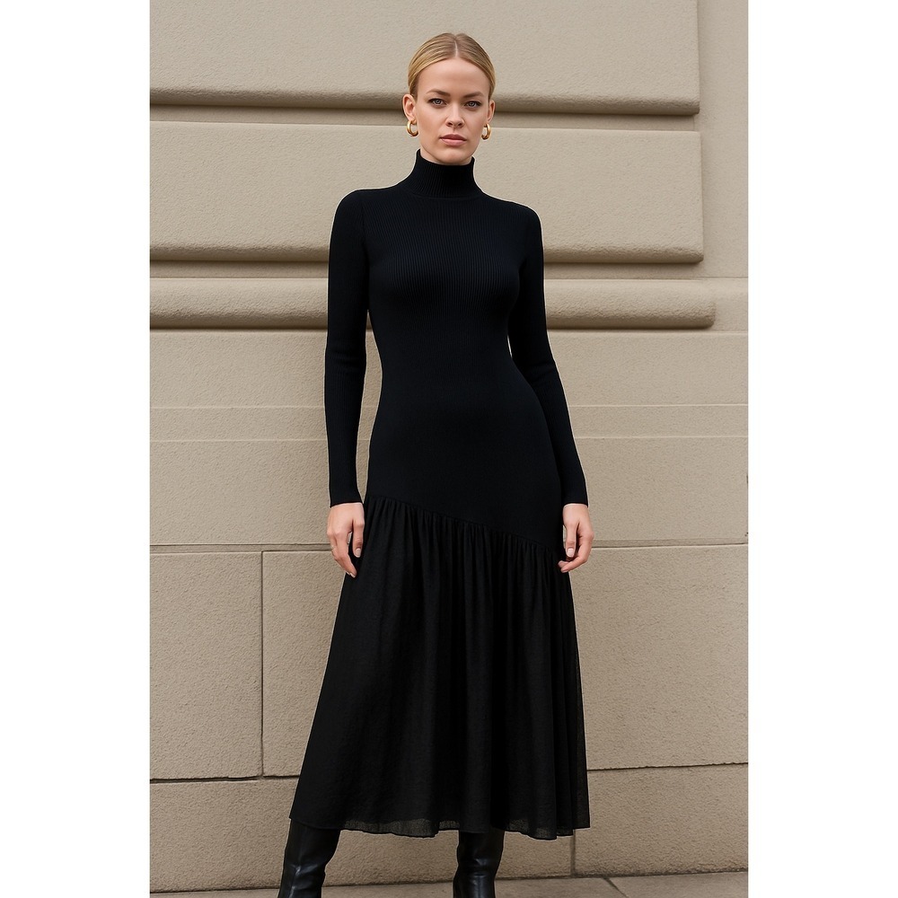 Commense Knit‎ Maxi Dress Turtleneck Long Sleeve Evening Cocktail Dress Black